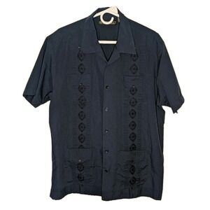 The Havanera Co Men's Large Navy Blue Guayabera Embroidered Button Shirt EUC